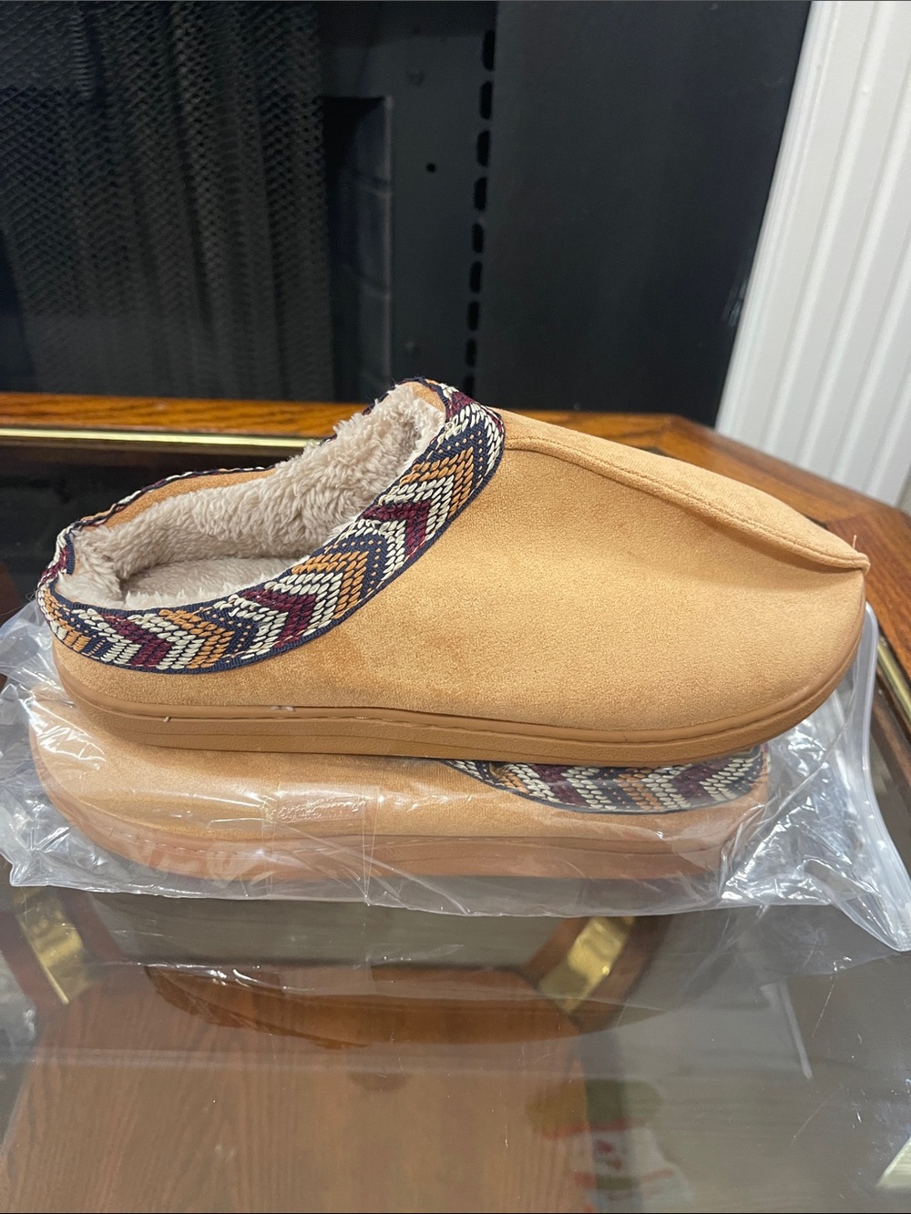Cozy Faux Suede Slip-On Slippers in Camel with Patterned Trim